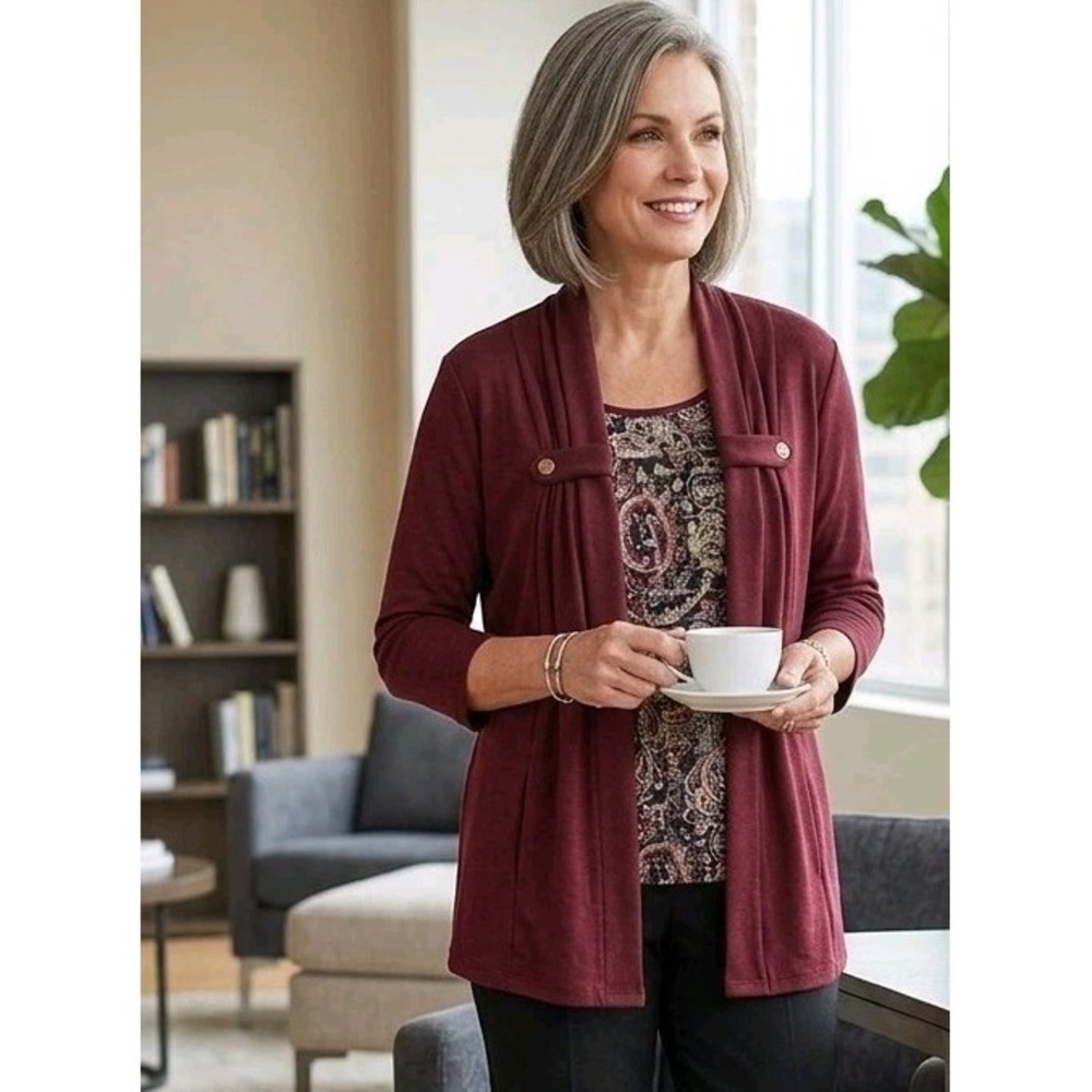 Christopher Banks Burgundy Cardigan Tiered Layered Top Size XL Glam Comfort Chic